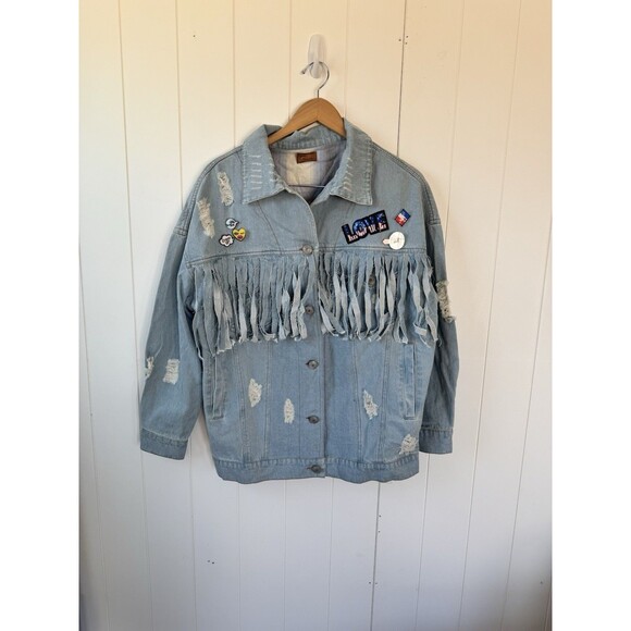 POL Denim jacket with fringe and distressed details SZ S - Picture 3 of 14